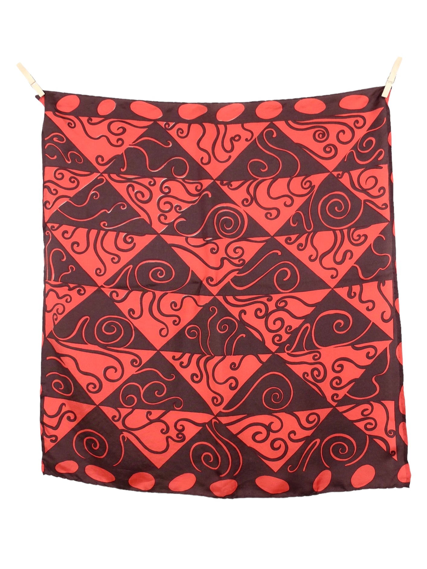 Vintage 90s Y2K Silk Chic Funky Geometric Abstract Patterned Red & Brown Square Bandana Neck Tie Scarf
