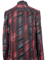 Vintage 60s Mod Psychedelic Abstract Black & Red Patterned Ruffled Mockneck Collared Long Sleeve Midi Shift Dress | Size S-M