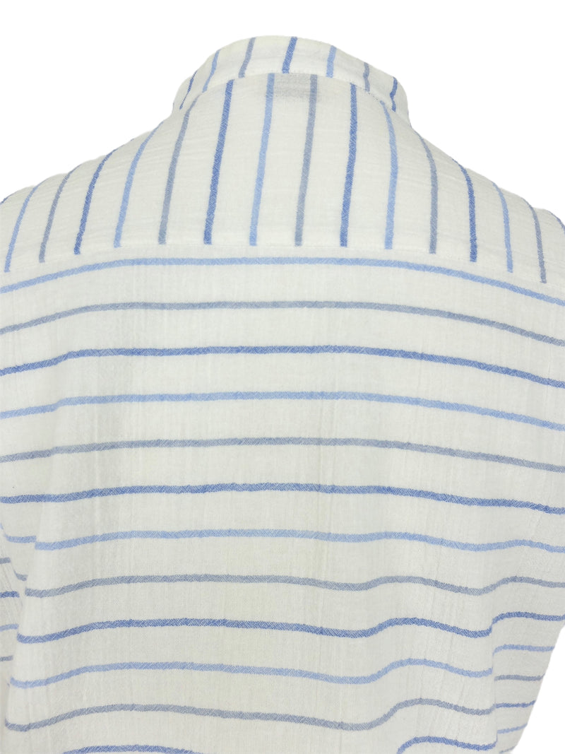 Vintage 60s Nautical Mod Blue & White Striped Mockneck Short Sleeve Cheesecloth Cotton Button Up Shirt with Front Pocket | Size XS-S