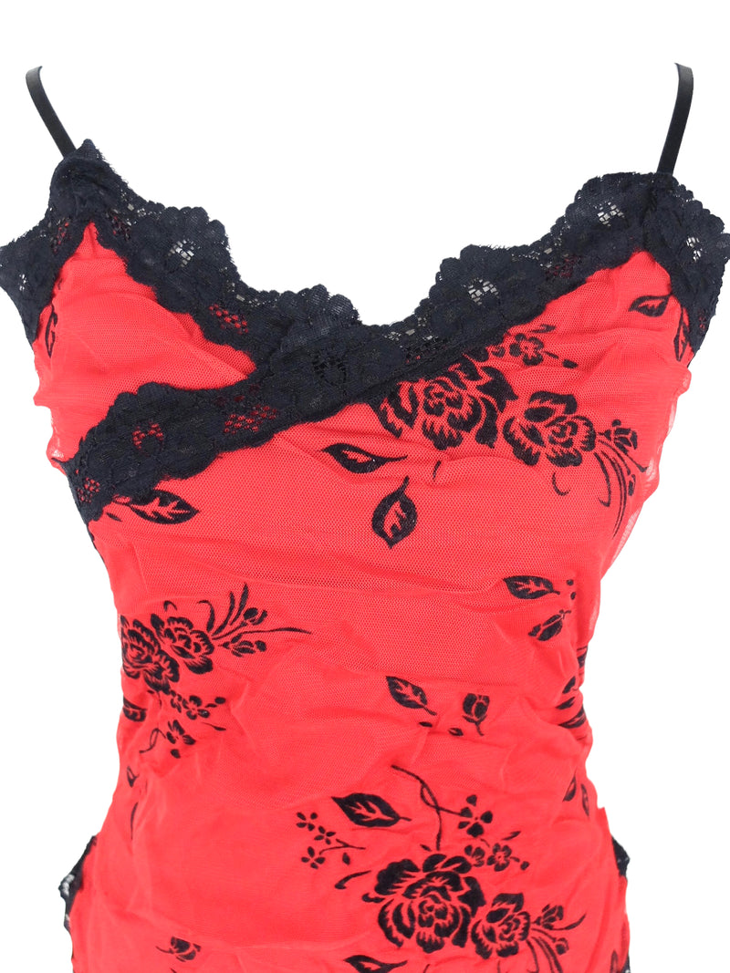 Vintage 90s Y2K Soft Grunge Romantic Red & Black Floral Lace Trim Chif –  Thee Cultivator