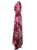 Vintage 70s Mod Psychedelic Hippie Bohemian Pink & Burgundy Floral Print 3/4 Flare Sleeve Floor Length Maxi Dress | Size L