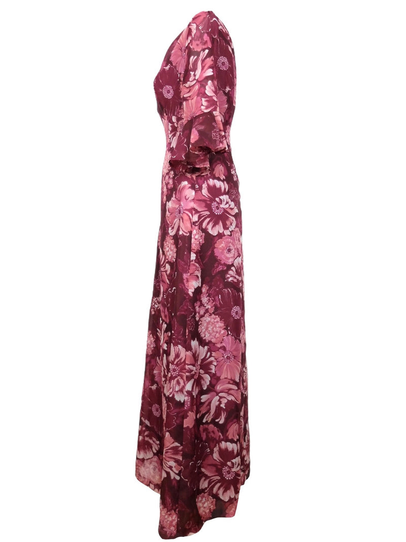 Vintage 70s Mod Psychedelic Hippie Bohemian Pink & Burgundy Floral Print 3/4 Flare Sleeve Floor Length Maxi Dress | Size L
