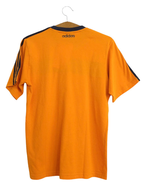 Vintage 00s Y2K Adidas Bright Mustard Orange Striped Logo Short Sleeve Cotton T-Shirt