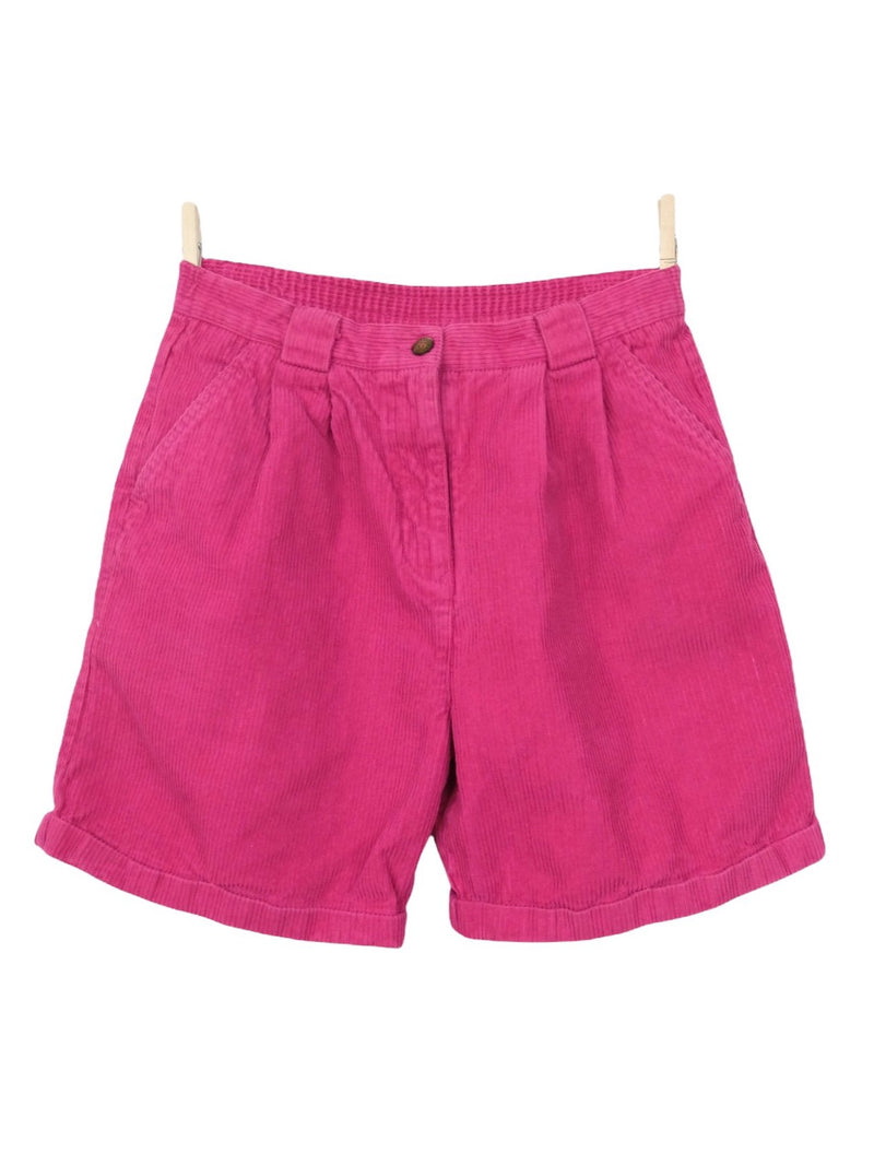 Vintage 80s Bohemian Corduroy Velour Magenta Pink High Waisted Cuffed Bermuda Shorts | Size XS | 25 Inch Waist