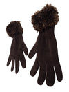 Vintage 90s Y2K Chic Bohemian Preppy Brown Velour Velvet Gloves with Fuzzy Trim