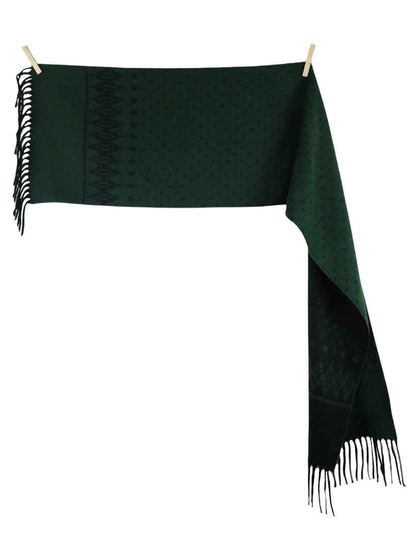 Vintage 80s Bohemian Hippie Green & Black Polka Dot Geometric Abstract Patterned Long Wrap Winter Scarf with Fringe