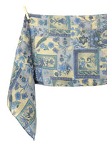 Vintage Silk 80s Cottage Prairie Style Floral Blue & Beige Long Wide Neck Tie Wrap Shawl Scarf with Hand-Rolled Hem