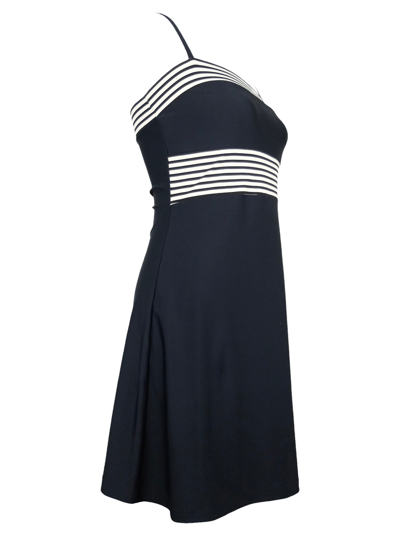 Vintage 2000s Y2K does 60s Mod Retro Pinup Style Black & White Striped Colorblock Summer Sleeveless Tank Circle Mini Dress | Size S