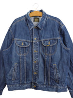 Vintage 80s Lee Utilitarian Hippie Bohemian Western Dark Wash Collared Button Down Denim Jean Jacket | Men’s Size L | Women’s Size XXL