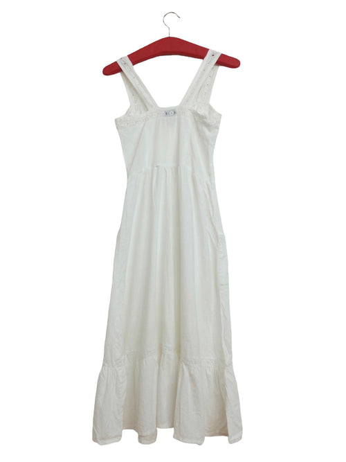 Vintage 70s White Hippie Milkmaid Cottage Gunne Sax Style Apron Sleeveless Tank Ruffled Lightweight Summer Cotton Maxi Dress with Lace Detail | Size XS