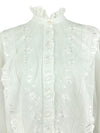 Vintage 80s Cottage Prairie Milkmaid Victorian Style White Cotton Ruffled Collar Button Up 3/4 Sleeve Blouse | Size M