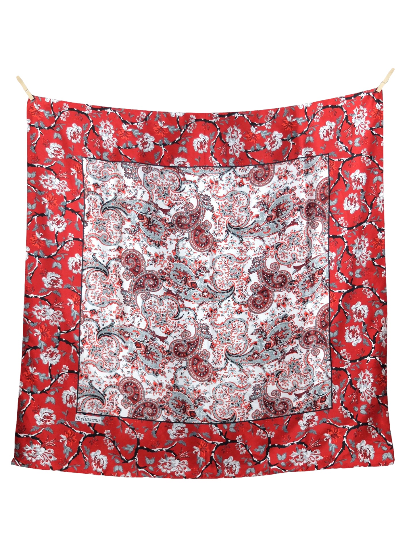 Vintage 90s Y2K Bellasima Silky Red & White Floral Paisley Patterned Large Signed Square Bandana Neck Tie Scarf