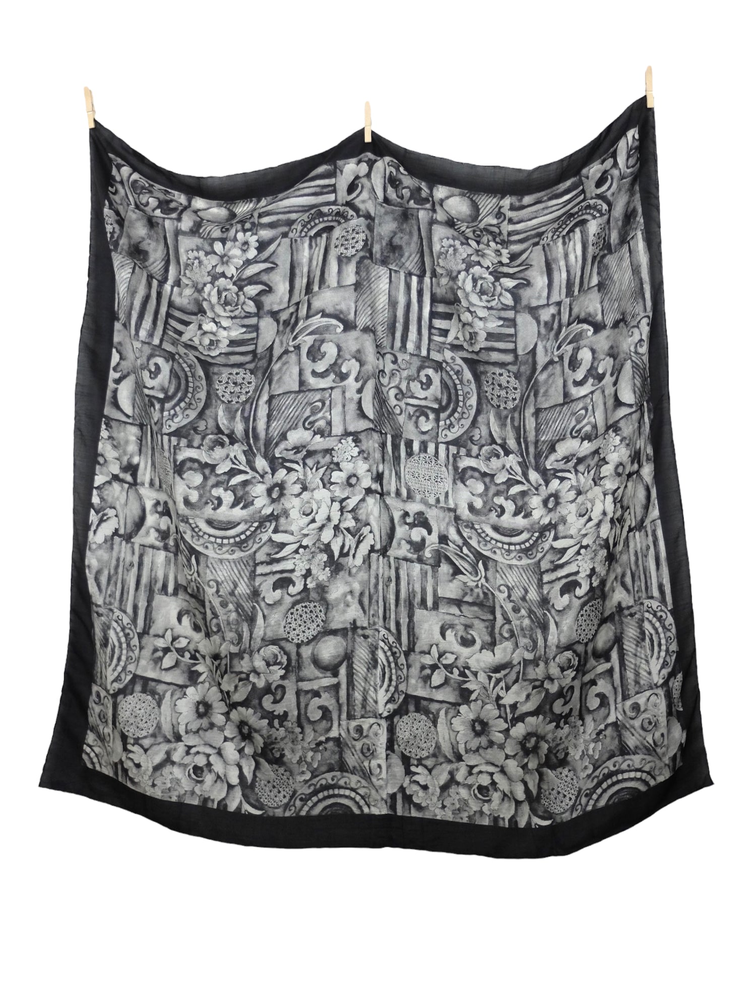 Vintage 90s Silk Black & White Abstract Floral Patterned Extra Large Square Bandana Neck Tie Scarf