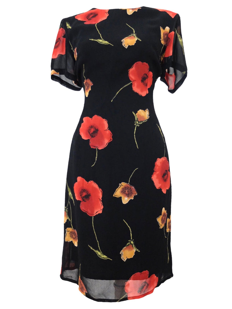 Vintage 90s Bohemian Chic Black & Red Floral Below-the-Knee Chiffon Summer Dress | Size M