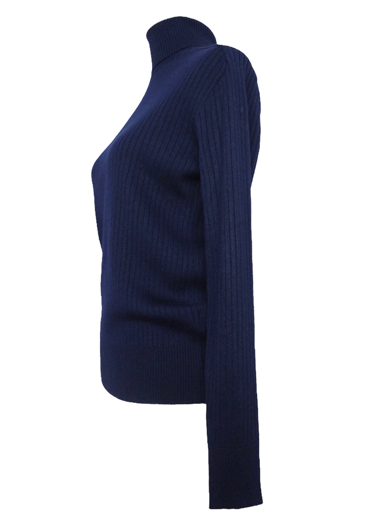 Vintage 80s Wool Blend Mod Boho Preppy Chic Basic Navy Blue Pullover Roll Neck Turtleneck Long Sleeve Ribbed Blouse | Size L-XL