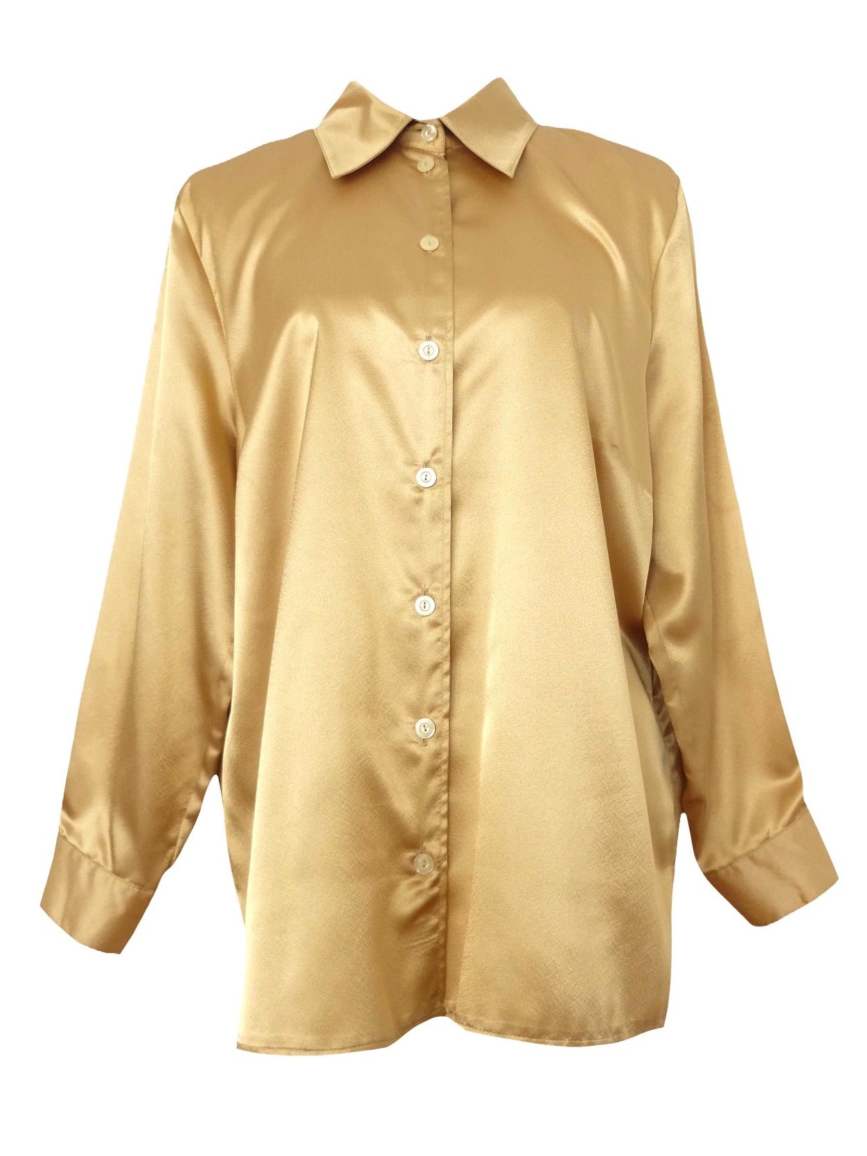 Vintage 90s Silky Avant- Garde Chic Formal Party Going-Out Metallic Gold Collared Long Sleeve Button Up Blouse