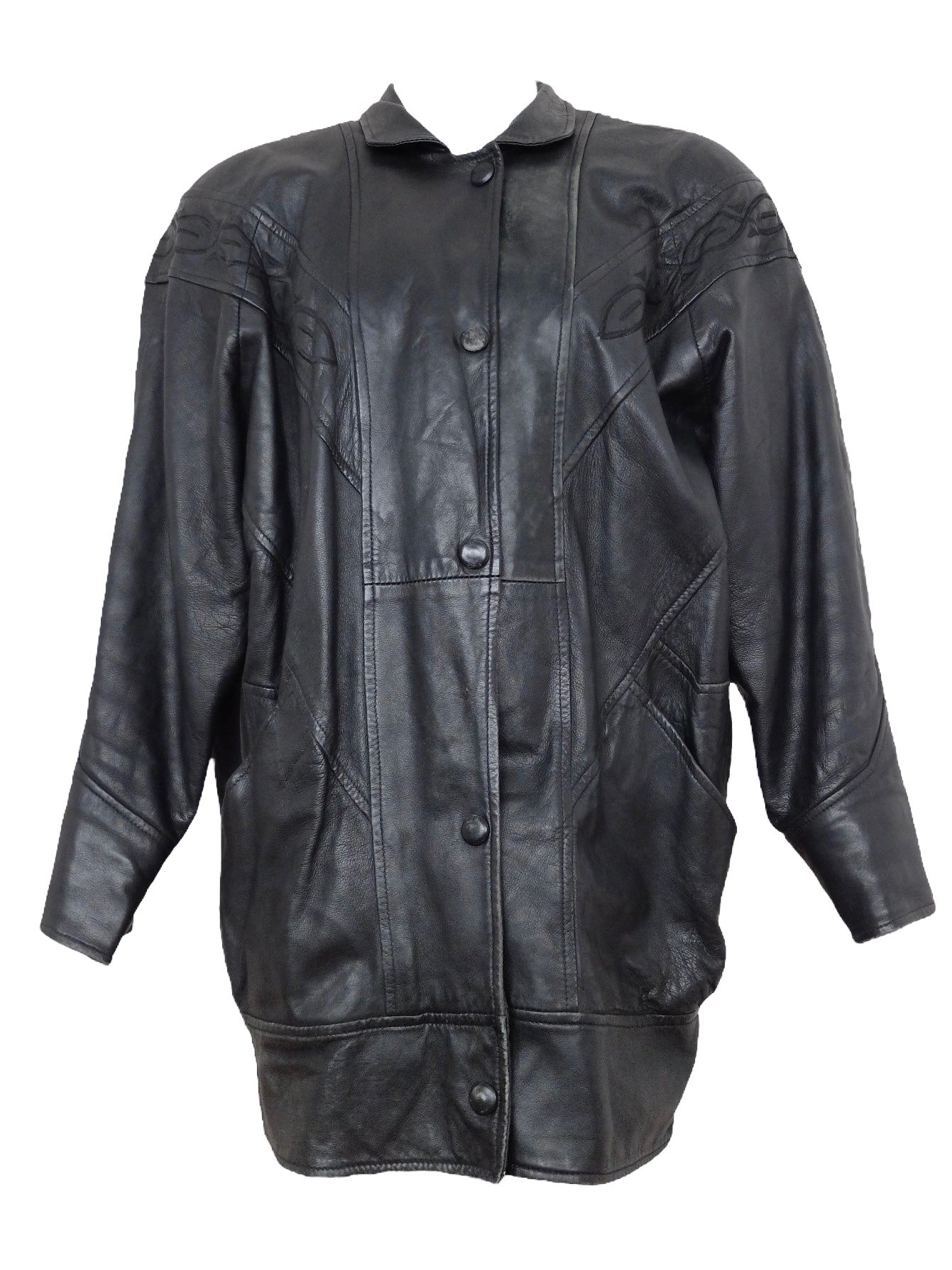 Vintage 80s Black Genuine Leather Collared Button Down Oversized Jacket with Embroidered Detail | Women’s Size M
