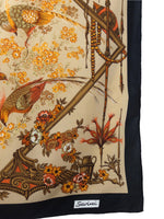 Vintage 70s Mod Cottage Milkmaid Prairie Art Nouveau Style Brown & Orange Floral & Bird Patterned Large Square Bandana Neck Tie Scarf with Hand-Rolled Hem