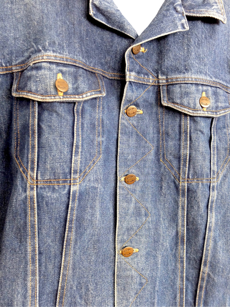Vintage 80s Utilitarian Western Hippie Bohemian Dark Wash Collared Button Down Denim Jean Jacket | Men’s Size XS-S | Women’s Size S-M