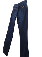 Vintage 80s Wrangler Bohemian Hippie High Waisted Dark Wash Straight Leg Kick Flare Denim Jeans | 28 Inch Waist