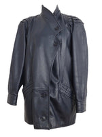 Vintage 80s Bohemian Mod Glam Rock Rocker Structured Oversized Dark Navy Blue Genuine Lamb Nappa Leather Jacket | Women’s Size M