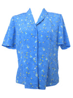 Vintage 80s Bohemian Prairie Milkmaid Cottagecore Blue Floral Print Collared Short Sleeve Button Up Blouse | Size S