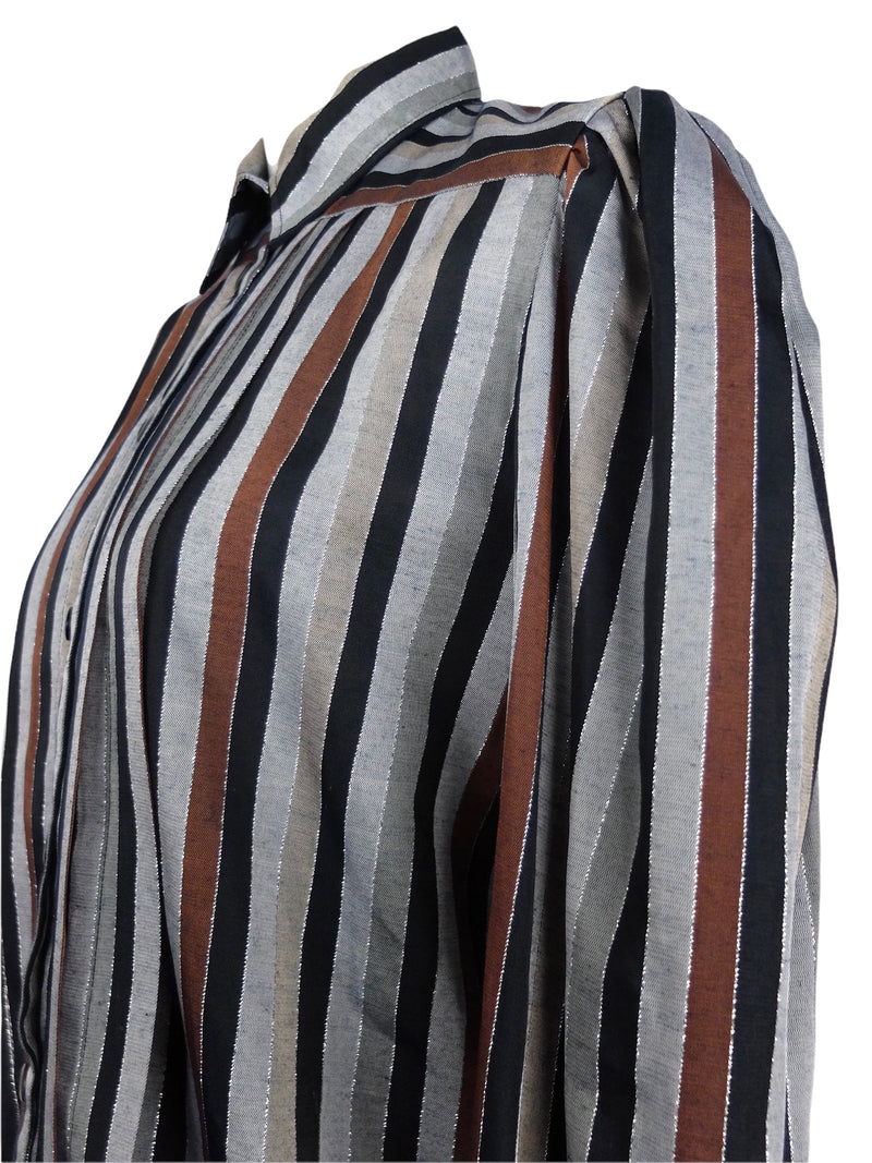 Vintage 70s Mod Bohemian Funky Striped Collared Long Sleeve Button Up Blouse in Grey & Black | Size M-L