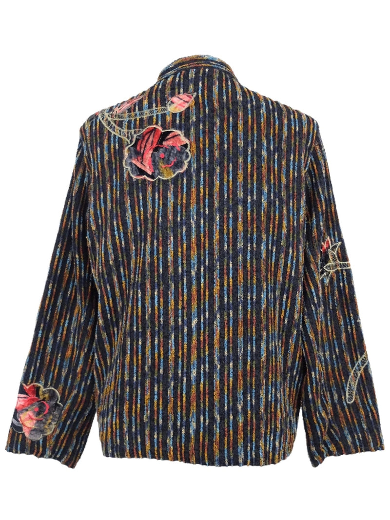 Vintage 80s Funky Bohemian Hippie Festival Style Black & Multicoloured Abstract Striped & Floral Mockneck Button Down Soft Velour Cardigan Jacket | Size S