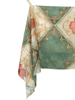Vintage 80s Avant-Garde Bohemian Chic Green & Cream Floral Long Wide Neck Tie Shawl Wrap Scarf