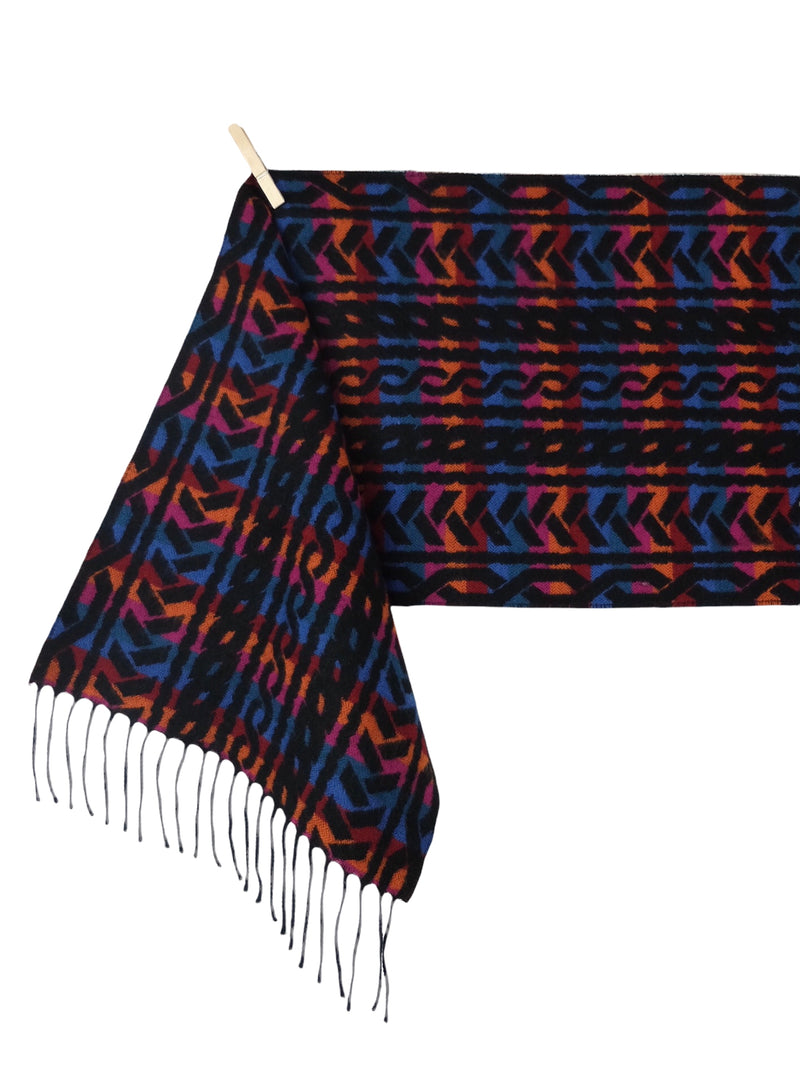Vintage 70s Funky Geometric Striped Multicoloured Long Wide Winter Scarf with Fringe
