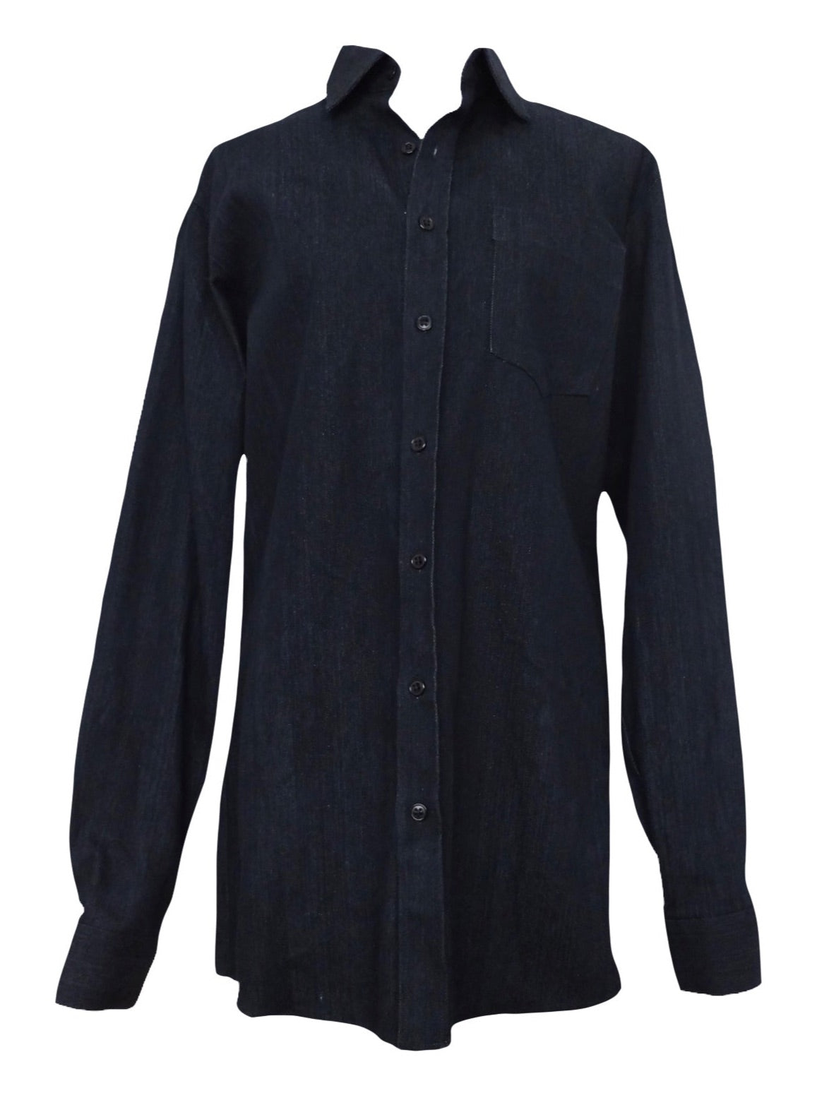 Vintage 60s Utilitarian Workwear Mod Dark Grey-Black Solid Basic Thick Long Sleeve Collared Button Up Shirt | Men’s Size M-L