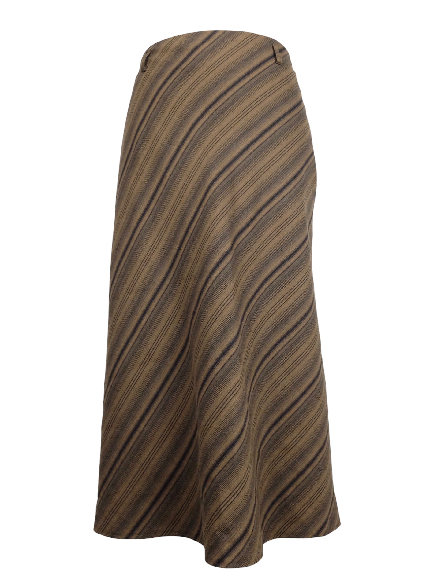 Vintage 90s Bohemian Hippie Cottage Brown & Black Diagonal Striped Mid-Rise Circle Midi Skirt | 32 Inch Waist