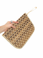 Vintage 70s Deadstock Prairie Cottagecore Bohemian Style Beige & Brown Woven Natural Straw Wicker Clutch Bag with Wrist Strap