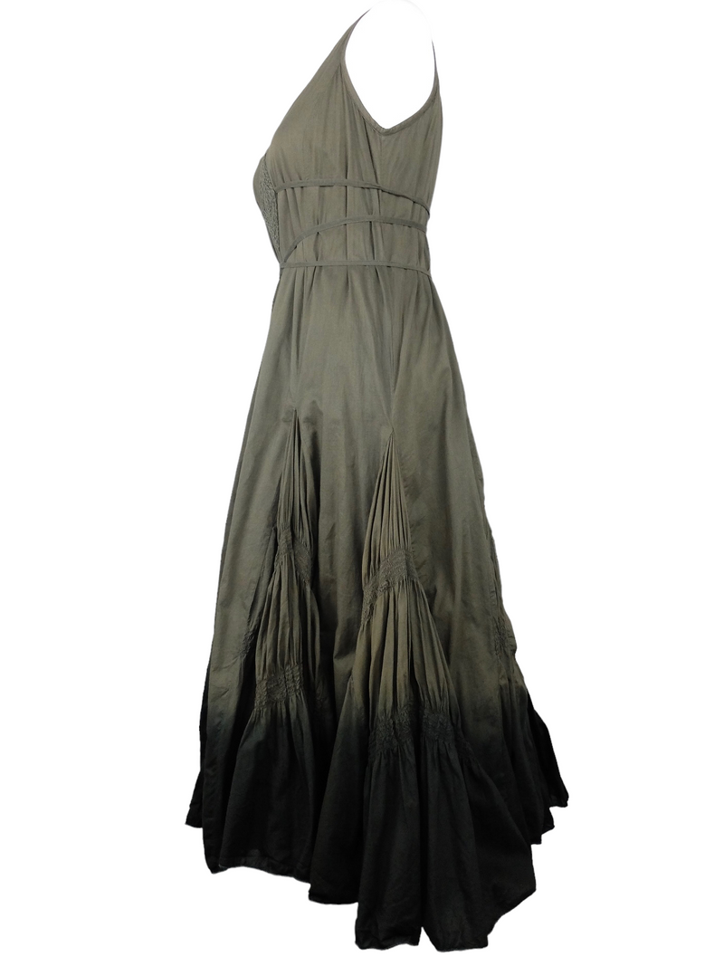 Vintage 90s Marlboro Bohemian Hippie Festival Style Forest Green & Black Ombre Sleeveless Full Ruffled Circle Floor Length Summer Tank Cotton Maxi Dress with Wrap Around Belt Tie | Size M