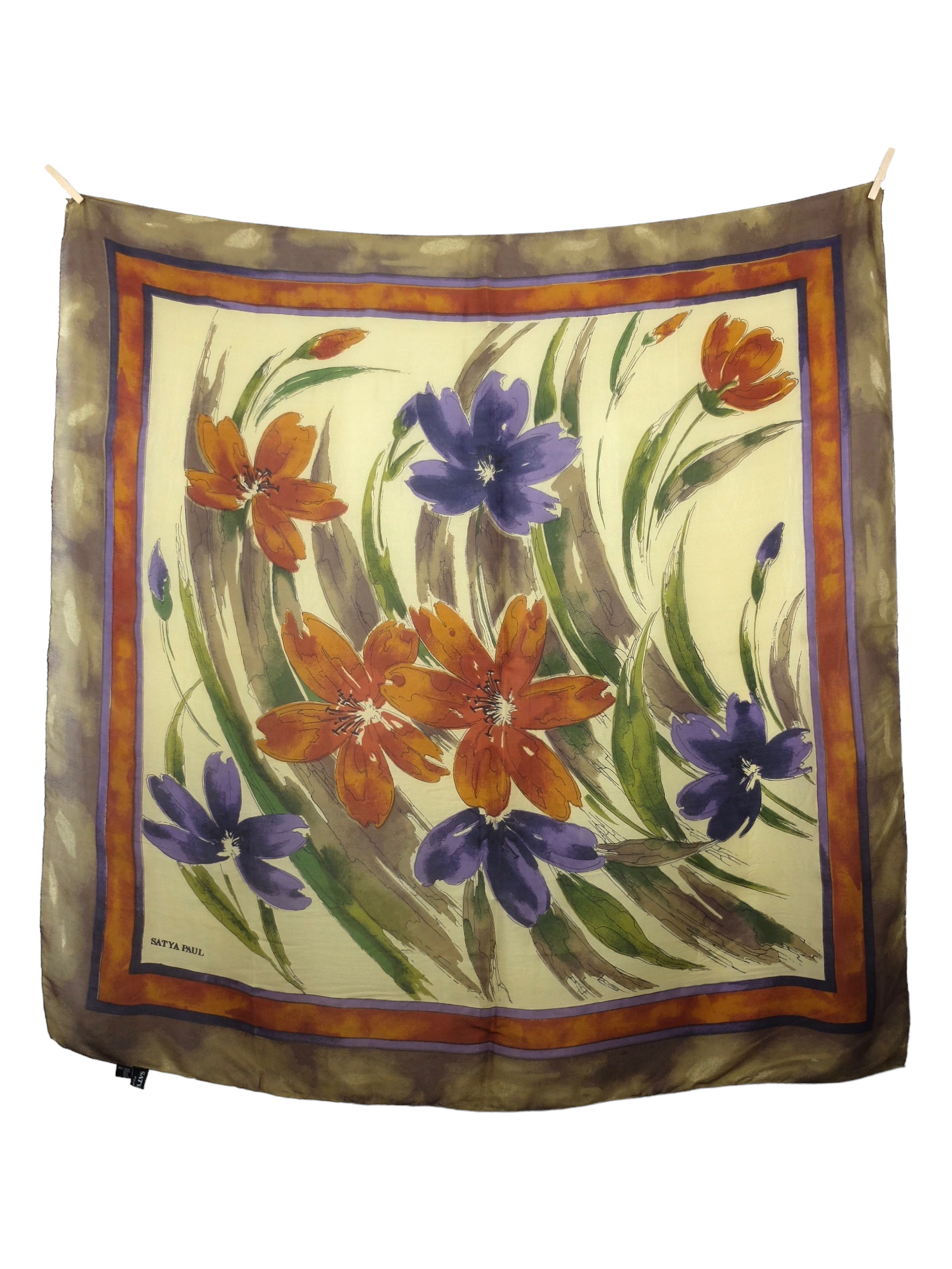 Vintage 80s Silk Bohemian Chic Floral Print Extra Large Signed Square Bandana Neck Tie Scarf with Handrolled Hem