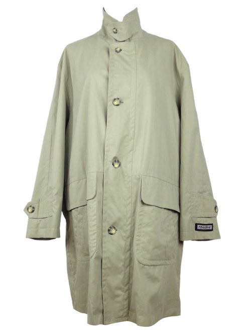 Vintage 80s Bohemian Utilitarian Streetwear Beige Tan Oversized Collared Button & Zip Down Long Collared Trench Coat | Men’s Size M, Women’s Size XL-XXL