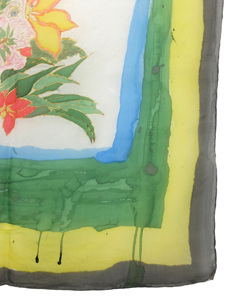 Vintage 80s Tropical Silk Hand-Painted Blue Green & Yellow Abstract Floral Face Square Bandana Neck Tie Scarf with Hand-Rolled Hem