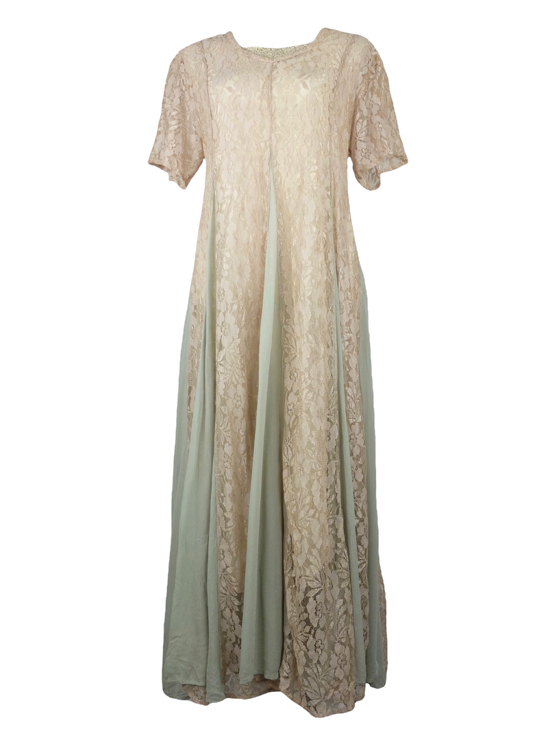 Vintage 80s does 60s Feminine Mod Chic Romantic Silk & Floral Lace Light Blue Cream Half Sleeve Floor Length Full Ruffled Circle Maxi Dress with Back Tie | Size L