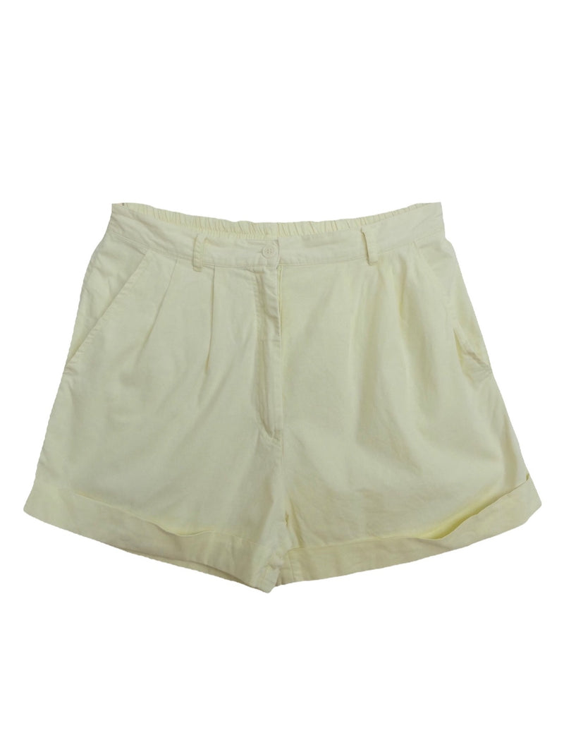 Vintage 80s Mod Bohemian Prairie Hippie Cottagecore Pastel Yellow High Waisted Cuffed Shorts with Partially Elasticated Waist | 27 Inch Waist