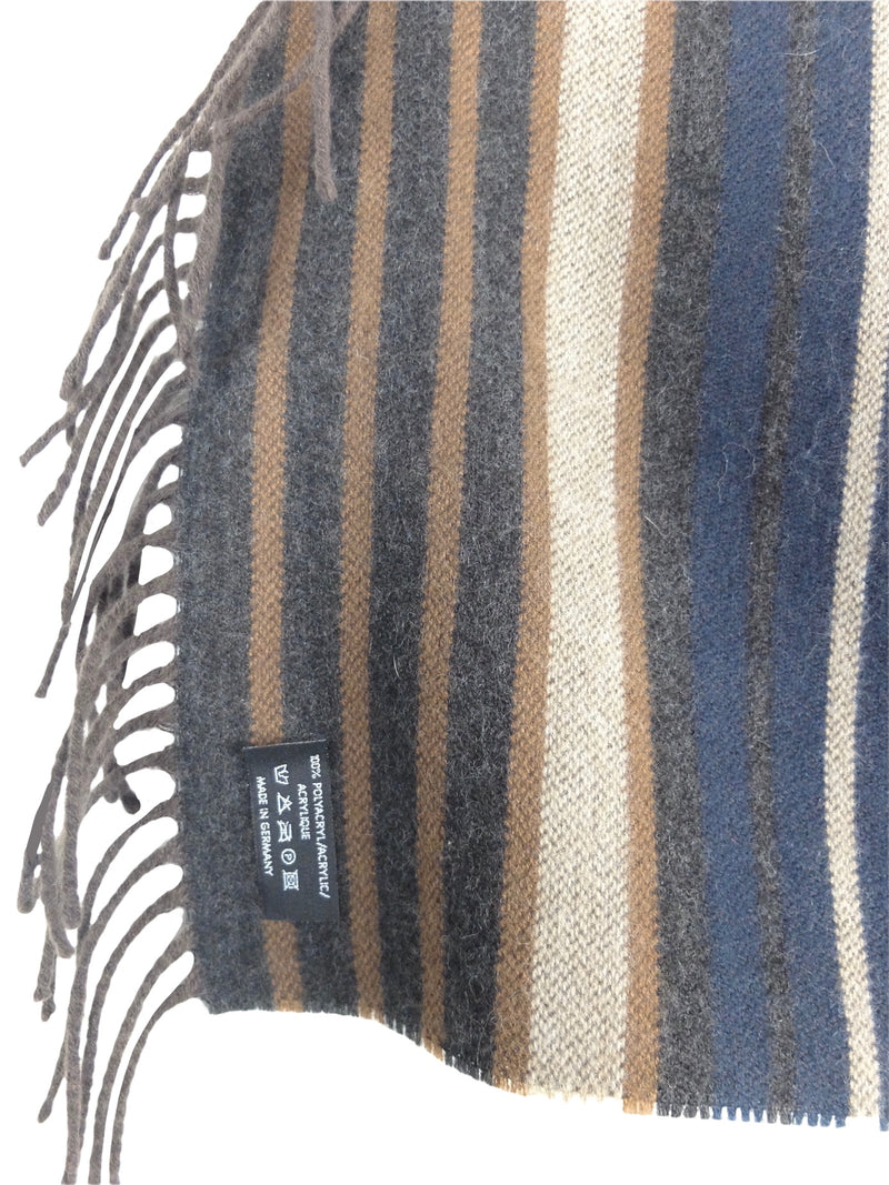 Vintage 80s Bohemian Striped Grey Brown & Blue Wide Winter Wrap Fringed Scarf