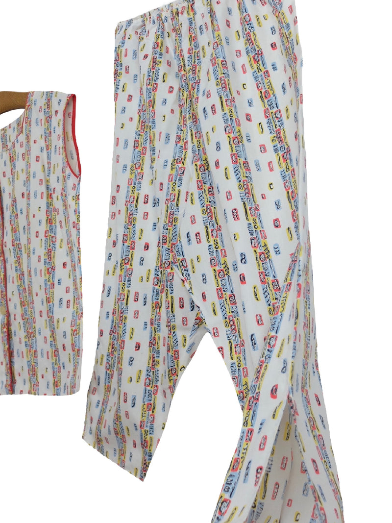 Vintage 70s Prairie Hippie Cottagecore Milkmaid Cotton Two Piece Loose Fit Abstract Print Sleeping Set with Tunic Shirt & Elasticated Waist Pants | Size L