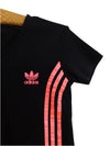 Vintage 00s Y2K Adidas Women’s Black & Hot Pink Striped Logo V-Neck Fitted Short Sleeve T-Shirt