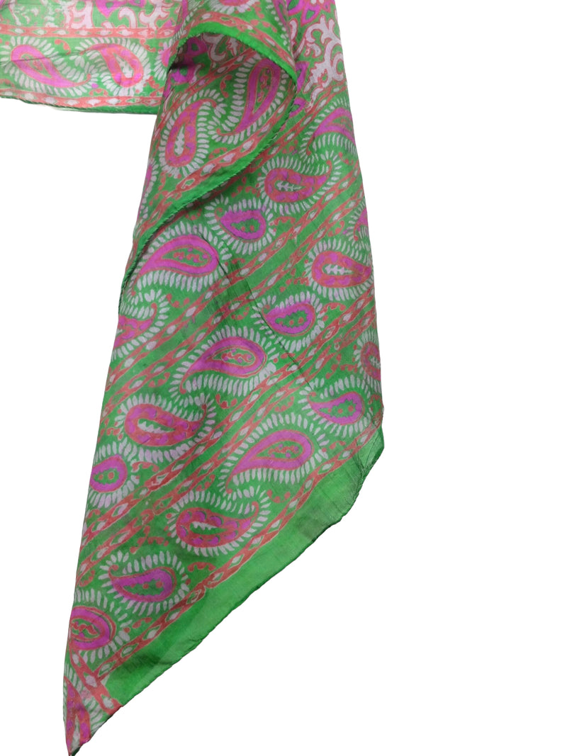 Vintage 70s Hippie Festival Silk Bright Green & Pink Paisley Patterned Handmade Paisley Patterned Long Wide Neck Tie Scarf with Handrolled Hem