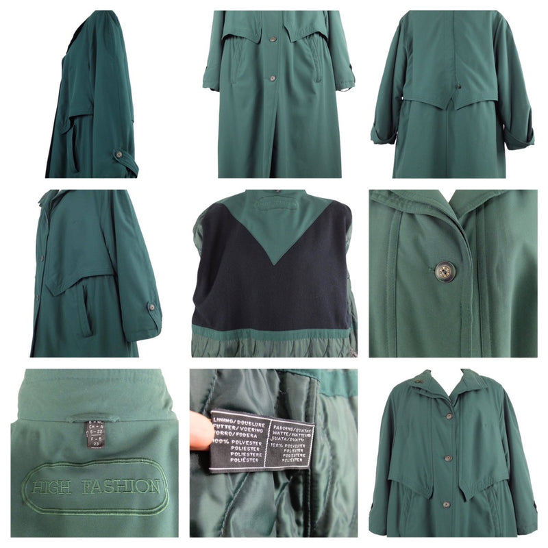 Vintage 80s Utilitarian Streetwear Dark Forest Green Padded Long Button Down Oversized Trench Coat | Size UK 18, US 14, EU 46