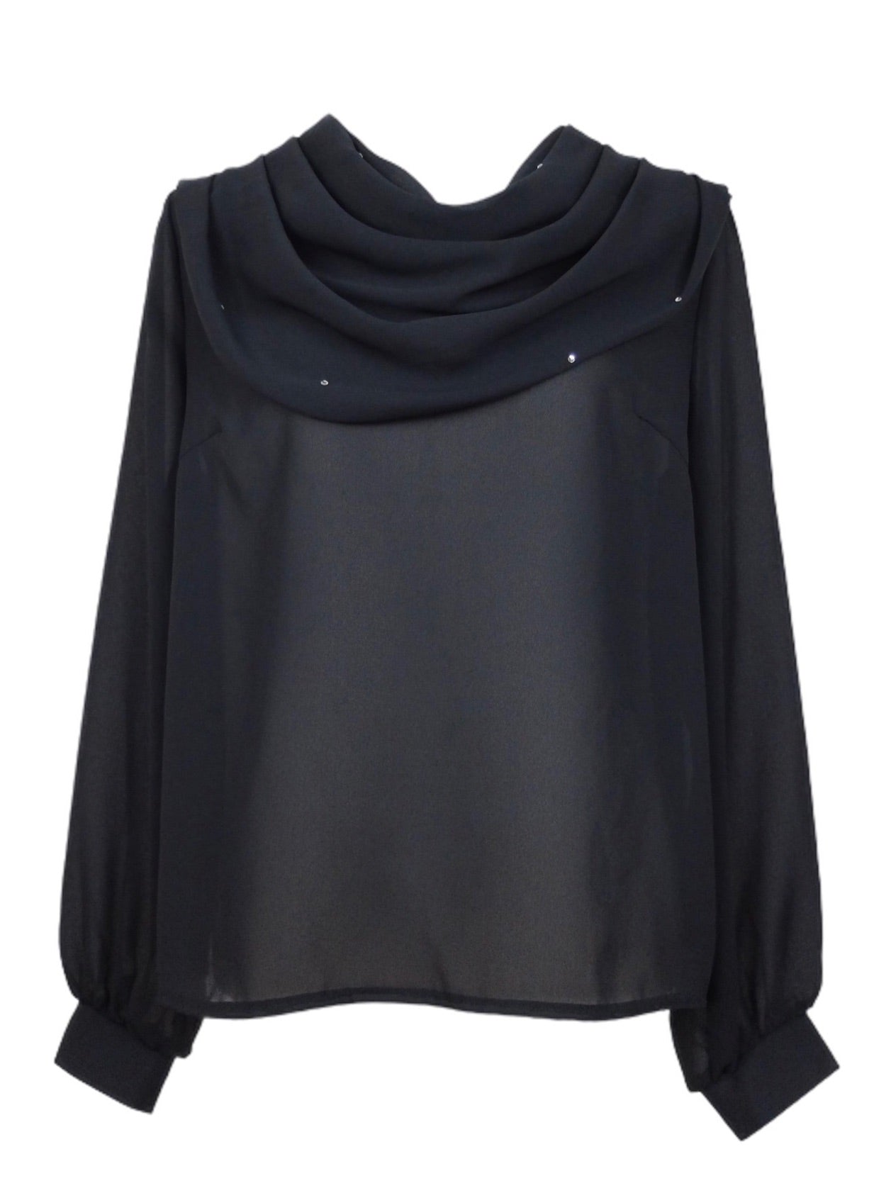 Vintage 80s Chic Formal Party Black Rhinestone Embellished Cowl Scoop Neck Long Sleeve Sheer Blouse | Size M-L