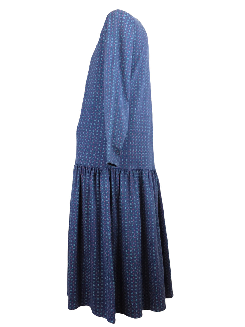 Vintage 80s Blue Abstract Geometric Patterned Drop Waist Long Sleeve Cotton Blend Babydoll Circle Skater Maxi Dress