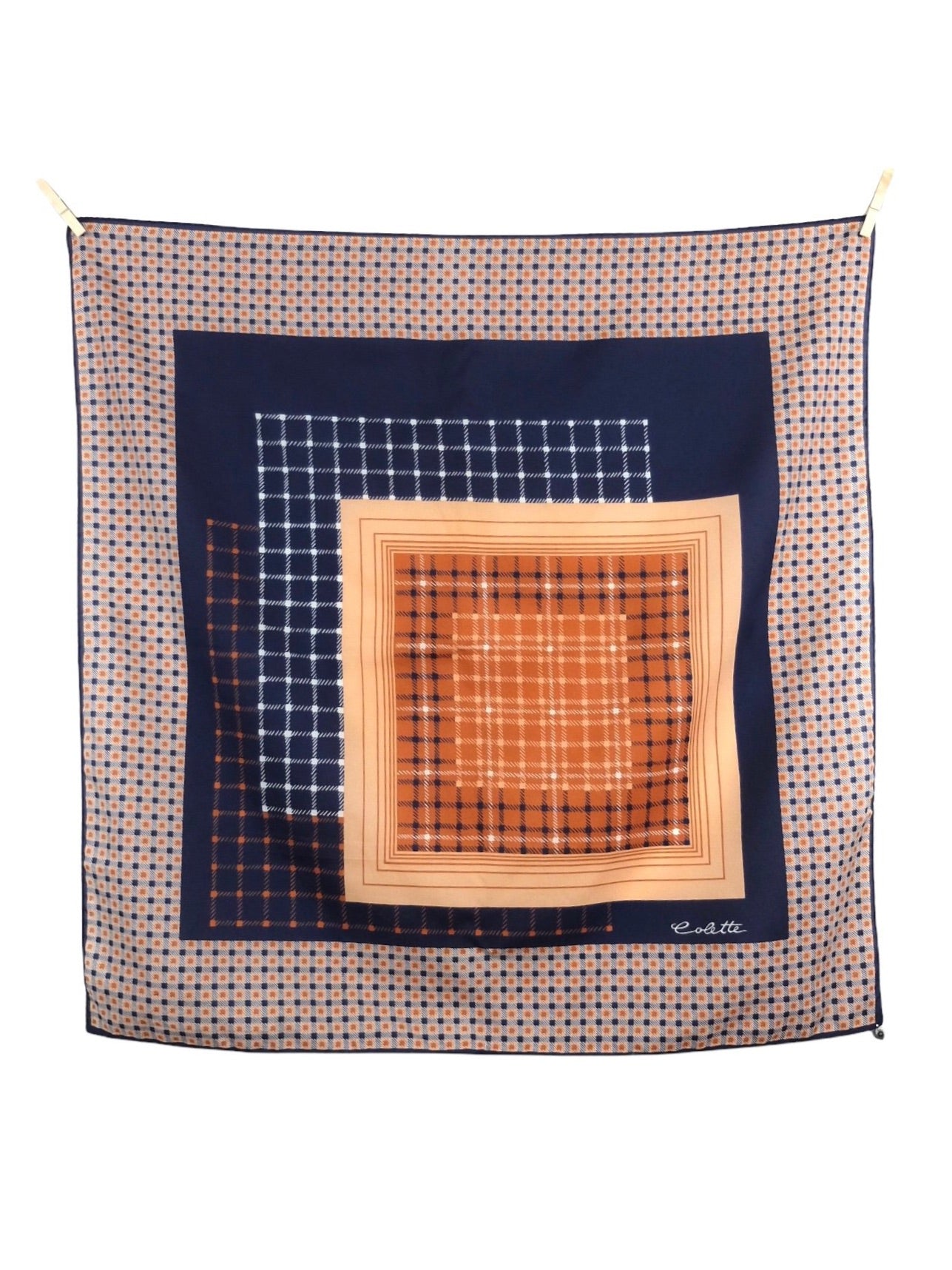 Vintage 70s Mod Bohemian Chic Check Patterned Navy Blue & Brown Large Square Bandana Neck Tie Scarf