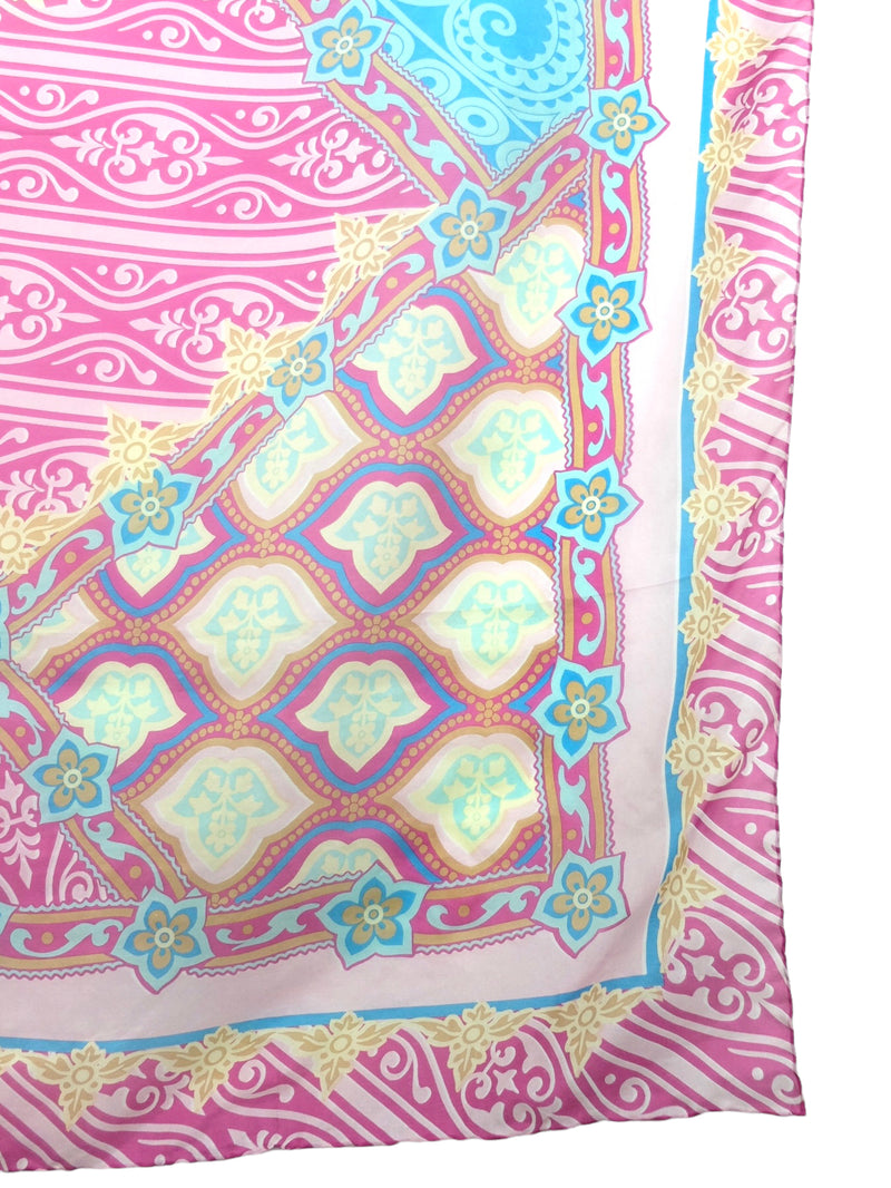 Vintage 80s Silk Preppy Chic Psychedelic Paisley Patterned Pink & Blue Abstract Patterned Large Square Bandana Neck Tie Scarf with Hand-Rolled Hem