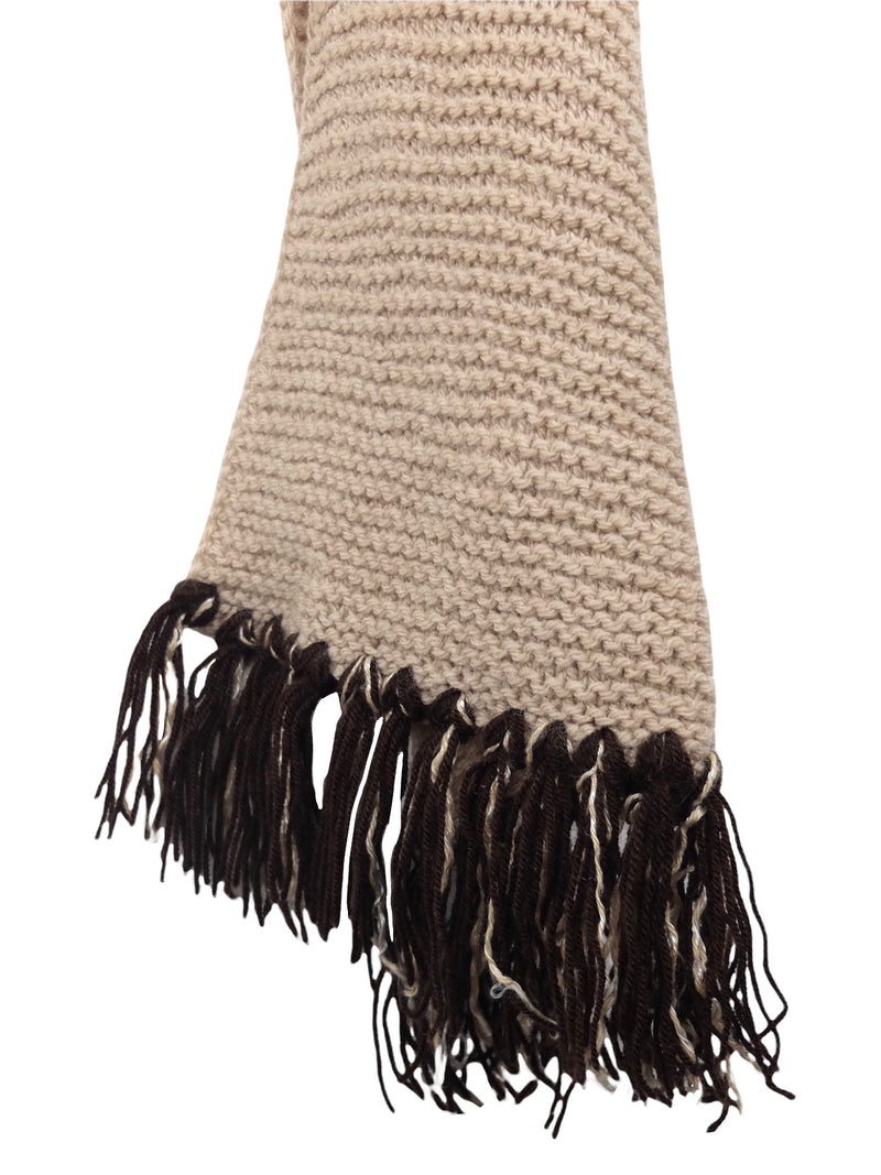 Vintage 70s Knit Mod Bohemian Beige & Brown Knit Long Wrap Winter Scarf
