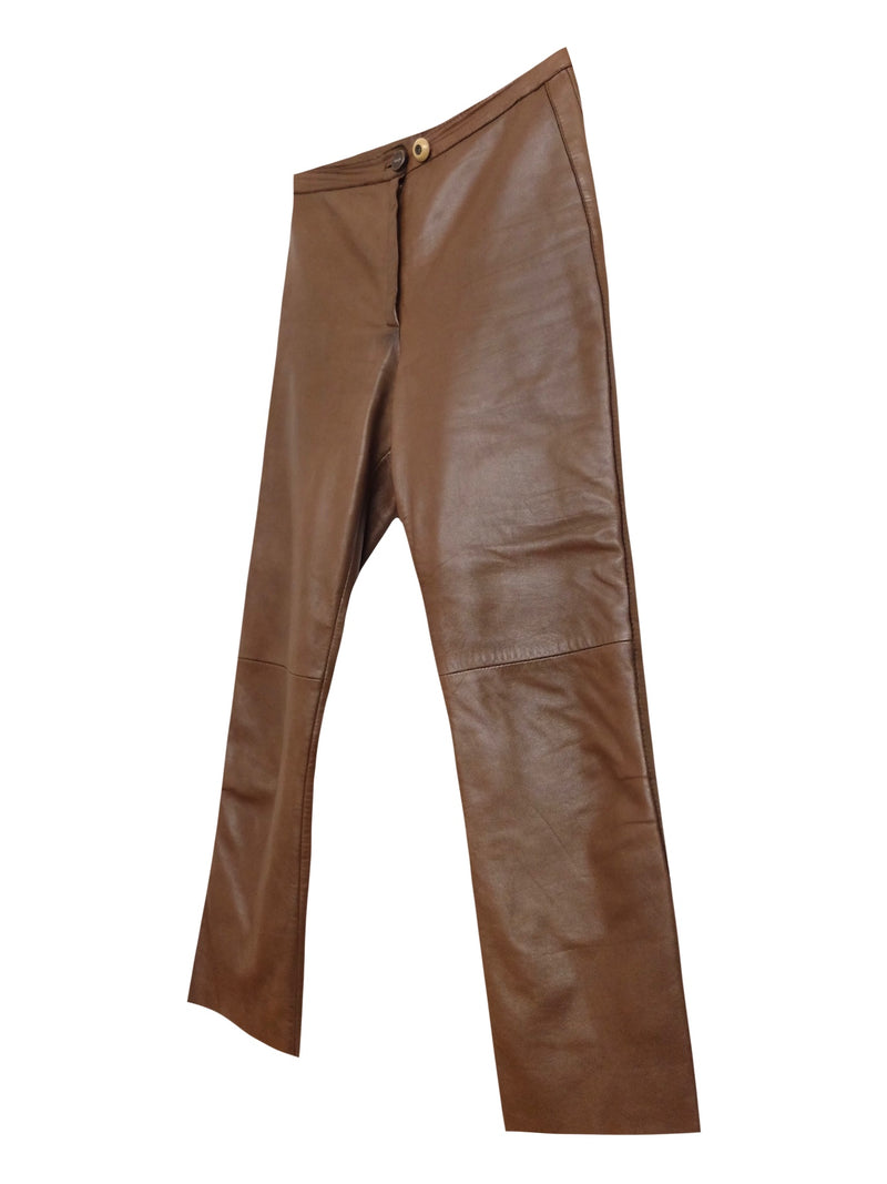 Vintage 80s Bohemian Hippie Chic Brown Nappa Leather High Waisted Straight Leg Trouser Pants | 31.5 Inch Waist